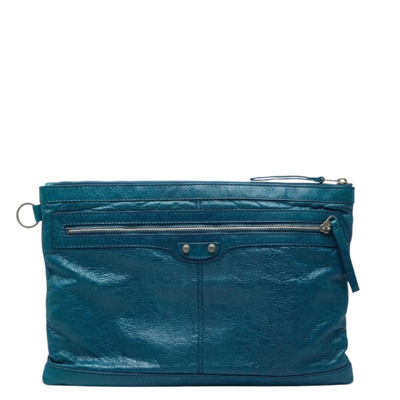 Leather Balenciaga Clutch Bag: Leather Balenciaga Clutch Bag A stunning blue leather Balenciaga clutch bag, perfect for adding a touch of luxury to any evening outfit. With its sleek 25cm x 36cm design and subtle scratches from eve