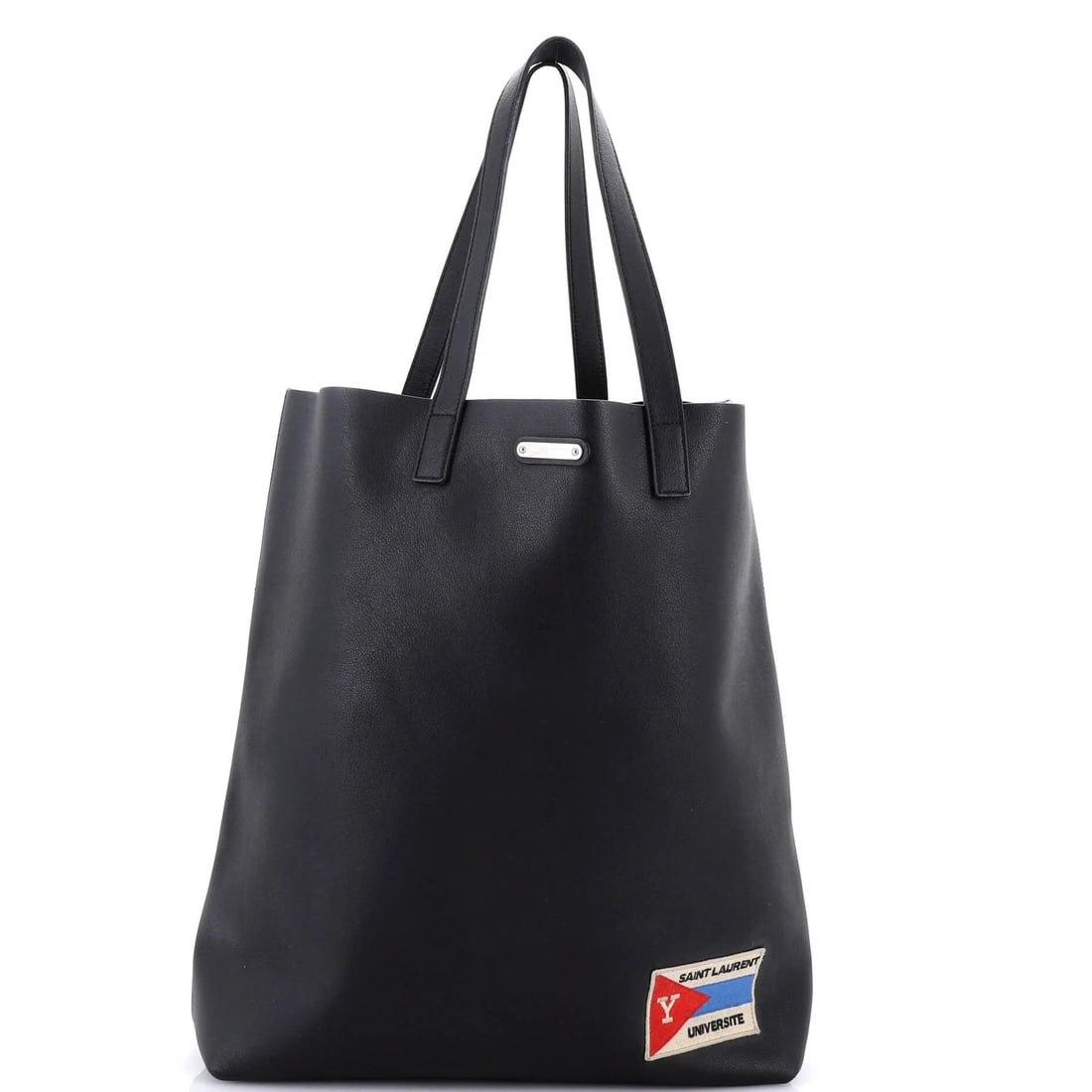 Large Saint Laurent Bold Tote Leather with Applique: Large Saint Laurent Bold Tote Leather with Applique Experience the timeless elegance of Saint Laurent's iconic Bold Tote, boasting sleek black leather exterior with intricate appliques that add a touc