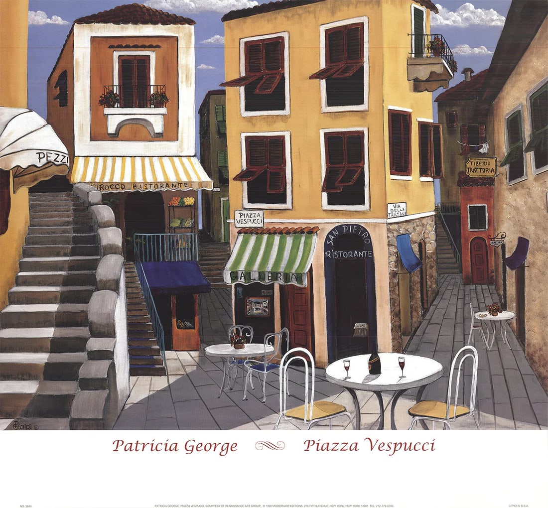 Contemporary PATRICIA GEORGE Piazza Vespucci 26" x 28" Offset Lithograph 1998: Contemporary PATRICIA GEORGE Piazza Vespucci 26" x 28" Offset Lithograph 1998 Experience the elegance of Patricia George's Piazza Vespucci, a stunning 1998 offset lithograph that captures the essence