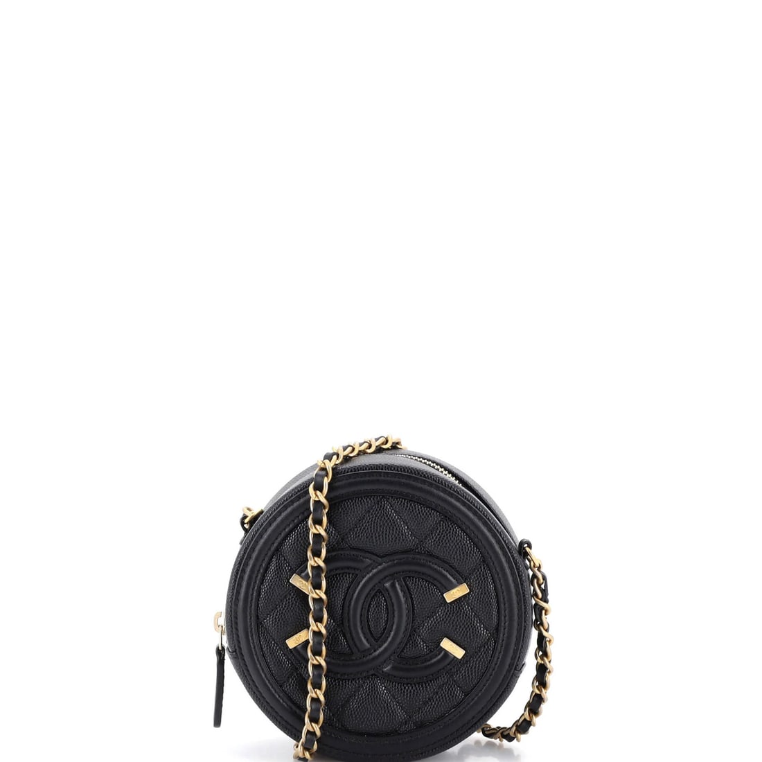 Chanel Filigree Round Clutch in Caviar Quilted Chain: Chanel Filigree Round Clutch in Caviar Quilted Chain The Chanel Filigree Round Clutch in Caviar Quilted Chain is a timeless, miniature masterpiece that exudes understated elegance. Its sleek black lea