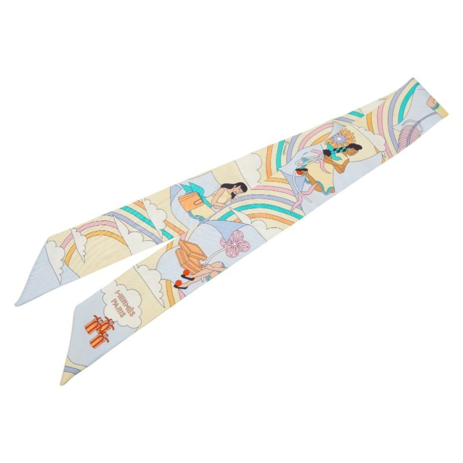 Scarf Hermes: Scarf Hermes A stunning multi-color Herm?s scarf, with its signature white trim and vibrant hues, adds a touch of elegance to any outfit. With its unique 5cm x 85.5cm size, this scarf is perfect for a