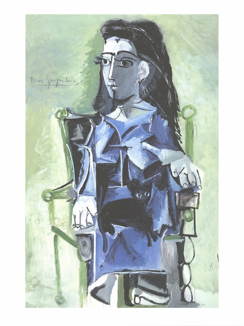 Lithograp PABLO PICASSO Jacqueline Assie avec son Chat Noir 31.5" x 23.5" Offset: Lithograp PABLO PICASSO Jacqueline Assie avec son Chat Noir 31.5" x 23.5" Offset A stunning offset lithograph by the renowned artist Pablo Picasso, "Jacqueline Assie avec son Chat Noir" is a beautiful