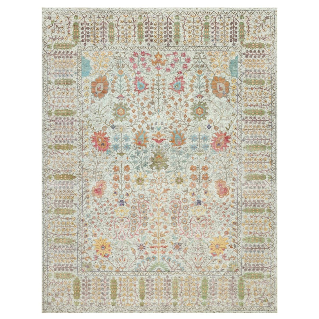 Beige Silk & Wool Hand-Knotted 11'8"x15' Directional Vase Rug: Beige Silk & Wool Hand-Knotted 11'8"x15' Directional Vase Rug Experience the timeless elegance of India's rich cultural heritage with this exquisite beige silk and wool hand-knotted directional vase r
