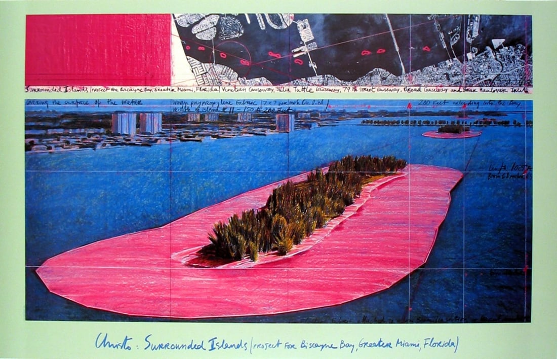 P JAVACHEFF CHRISTO Surrounded Islands (1982) 25" x 39" Poster 1983 Contemporary: P JAVACHEFF CHRISTO Surrounded Islands (1982) 25" x 39" Poster 1983 Contemporary Experience the iconic work of Christo Javacheff with his 1983 poster, Surrounded Islands (1982). This rare offset litho
