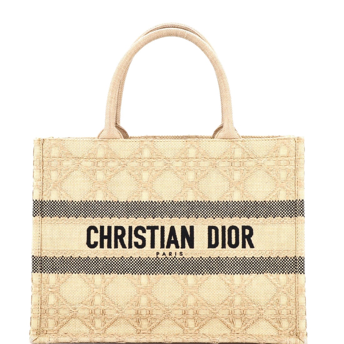 Christian Dior Medium Raffia Embroidered Cannage Book Tote: Christian Dior Medium Raffia Embroidered Cannage Book Tote Elevate your daily essentials with the timeless Christian Dior Medium Raffia Embroidered Cannage Book Tote, boasting a neutral exterior and r