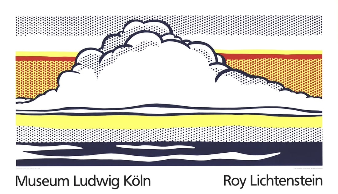 Yellow ROY LICHTENSTEIN Cloud And Sea 27.5" x 47" Serigraph 1989 Pop Art White: Yellow ROY LICHTENSTEIN Cloud And Sea 27.5" x 47" Serigraph 1989 Pop Art White Experience the iconic pop art style of Roy Lichtenstein with his 1989 masterpiece, Cloud And Sea. This vibrant serigraph
