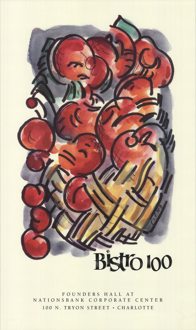 Judy Rifka Bistro 100, 37" x 22", Offset Lithograph, Contemporary, Red and Purple: Judy Rifka Bistro 100, 37" x 22", Offset Lithograph, Contemporary, Red and Purple Experience the vibrant colors and playful energy of Judy Rifka's iconic Bistro 100, a striking offset lithograph that