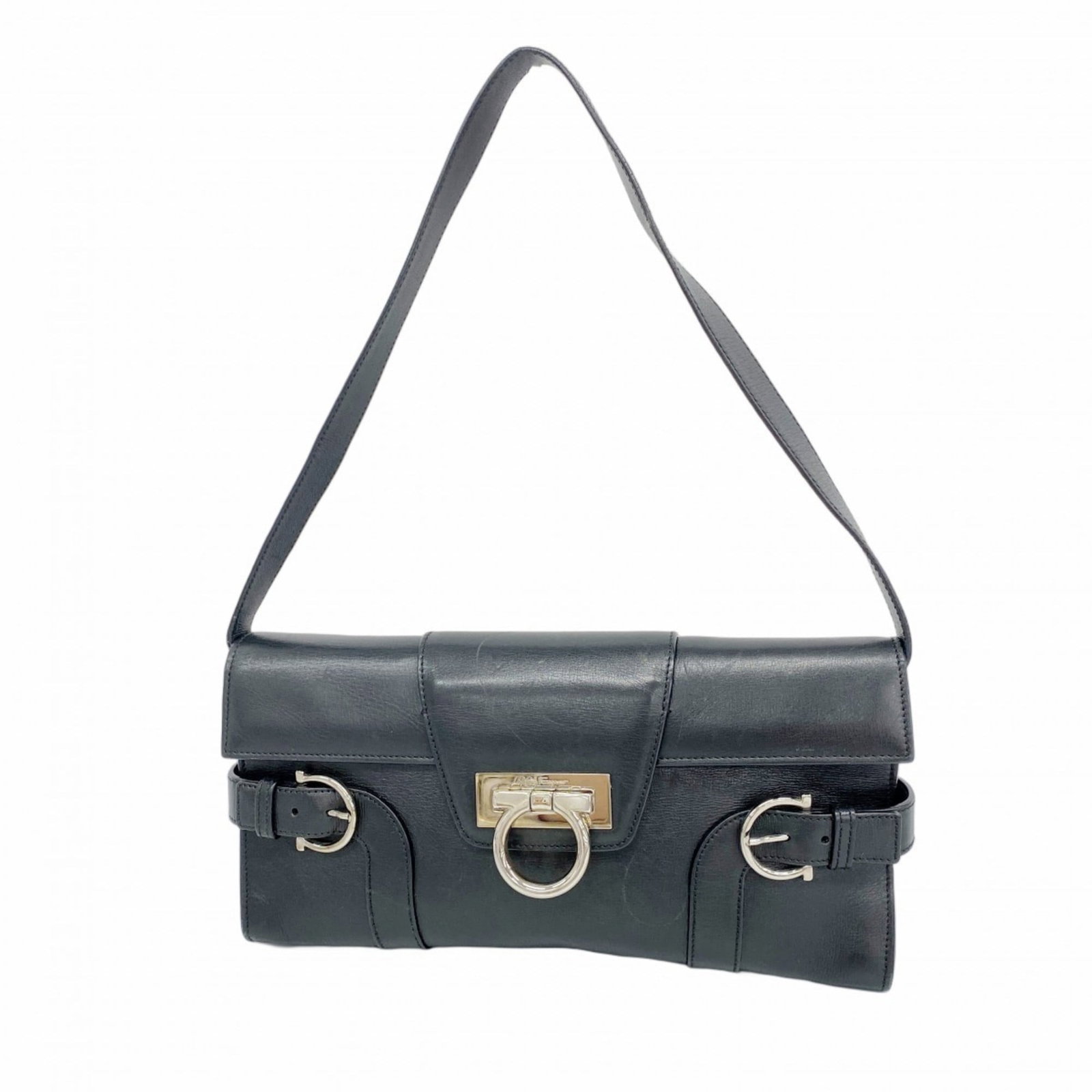 Salvatore Ferragamo Leather Shoulder Bag: Salvatore Ferragamo Leather Shoulder Bag Elevate your everyday style with this sleek Salvatore Ferragamo leather shoulder bag, boasting classic black leather and silver hardware details that add a tou
