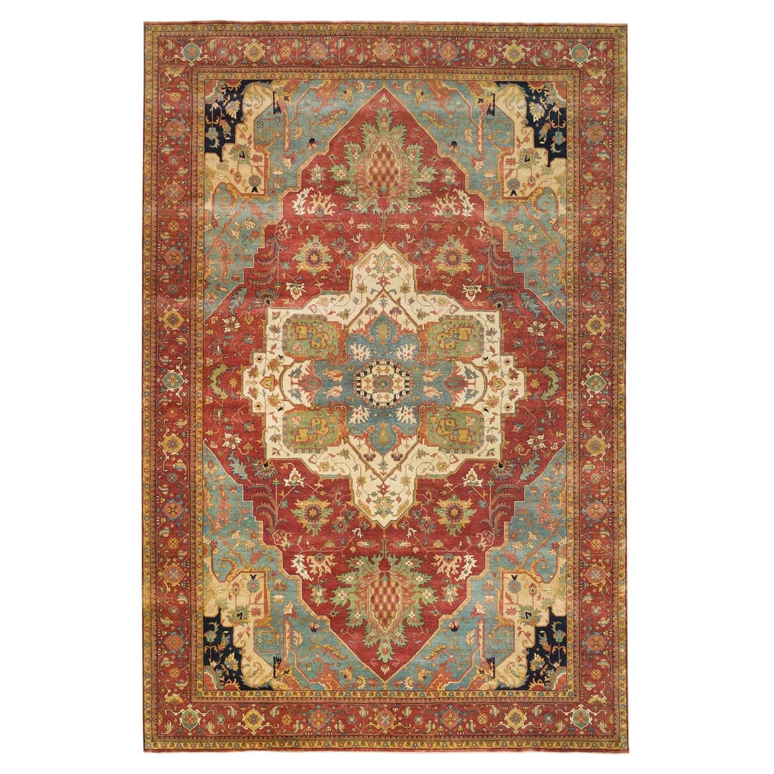 Heris Re-Creation 100% Wool Oversized Red Rug (12'1"x18'2"): Heris Re-Creation 100% Wool Oversized Red Rug (12'1"x18'2") Experience the warmth and richness of Indian craftsmanship with this stunning 100% wool Heris Re-Creation rug, hand-knotted in India to crea