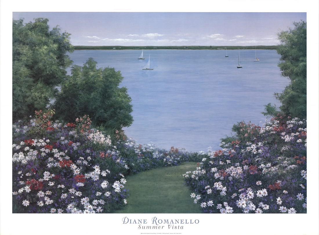 1998 DIANE ROMANELLO Summer Vista Long Island Sound 28" x 38" Offset Lithograph: 1998 DIANE ROMANELLO Summer Vista Long Island Sound 28" x 38" Offset Lithograph Experience the serene beauty of Diane Romanello's 1998 Summer Vista Long Island Sound, a stunning offset lithograph that