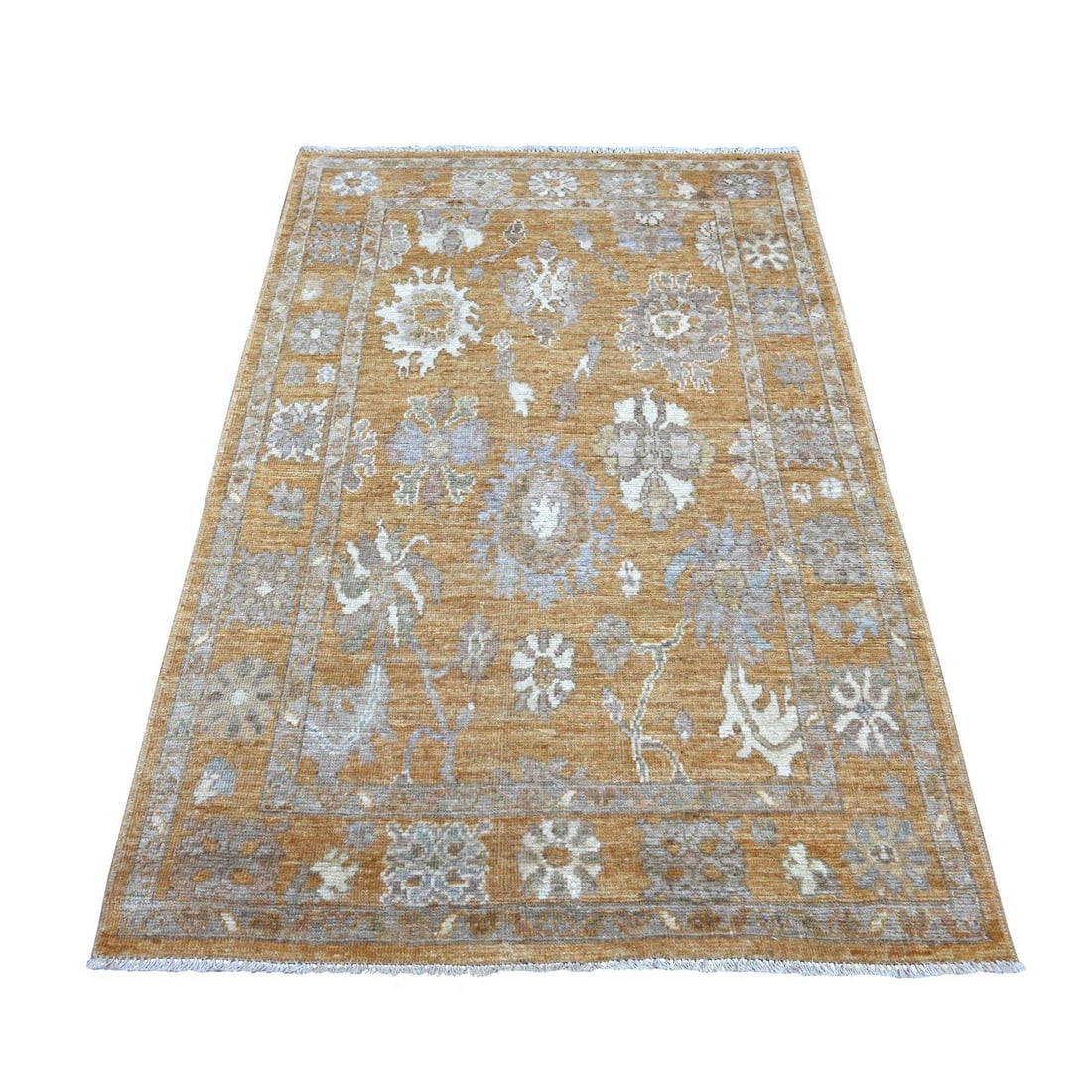 Rug 4'x6' Golden Brown Hand Knotted Afghan Angora Oushak Leaf Design Wool: Rug 4'x6' Golden Brown Hand Knotted Afghan Angora Oushak Leaf Design Wool Experience the rich beauty of traditional Afghan craftsmanship with this stunning 4'x6' Golden Brown Hand Knotted Oushak Leaf