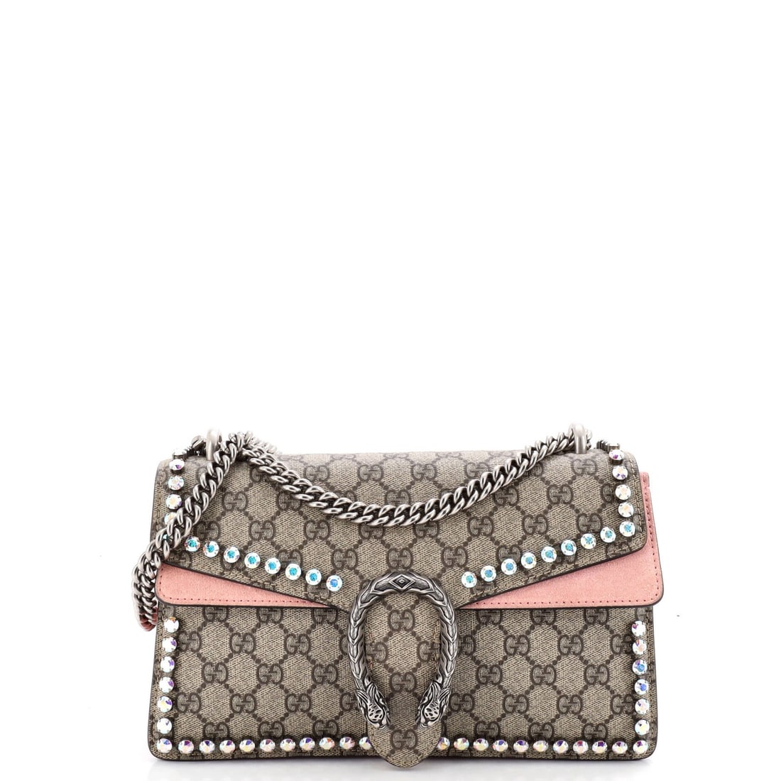 Small Gucci Dionysus Bag Crystal Embellished GG Coated Canvas: Small Gucci Dionysus Bag Crystal Embellished GG Coated Canvas Elevate your style with the iconic Gucci Dionysus Bag, boasting crystal embellishments on its GG Coated Canvas exterior in rich brown tone