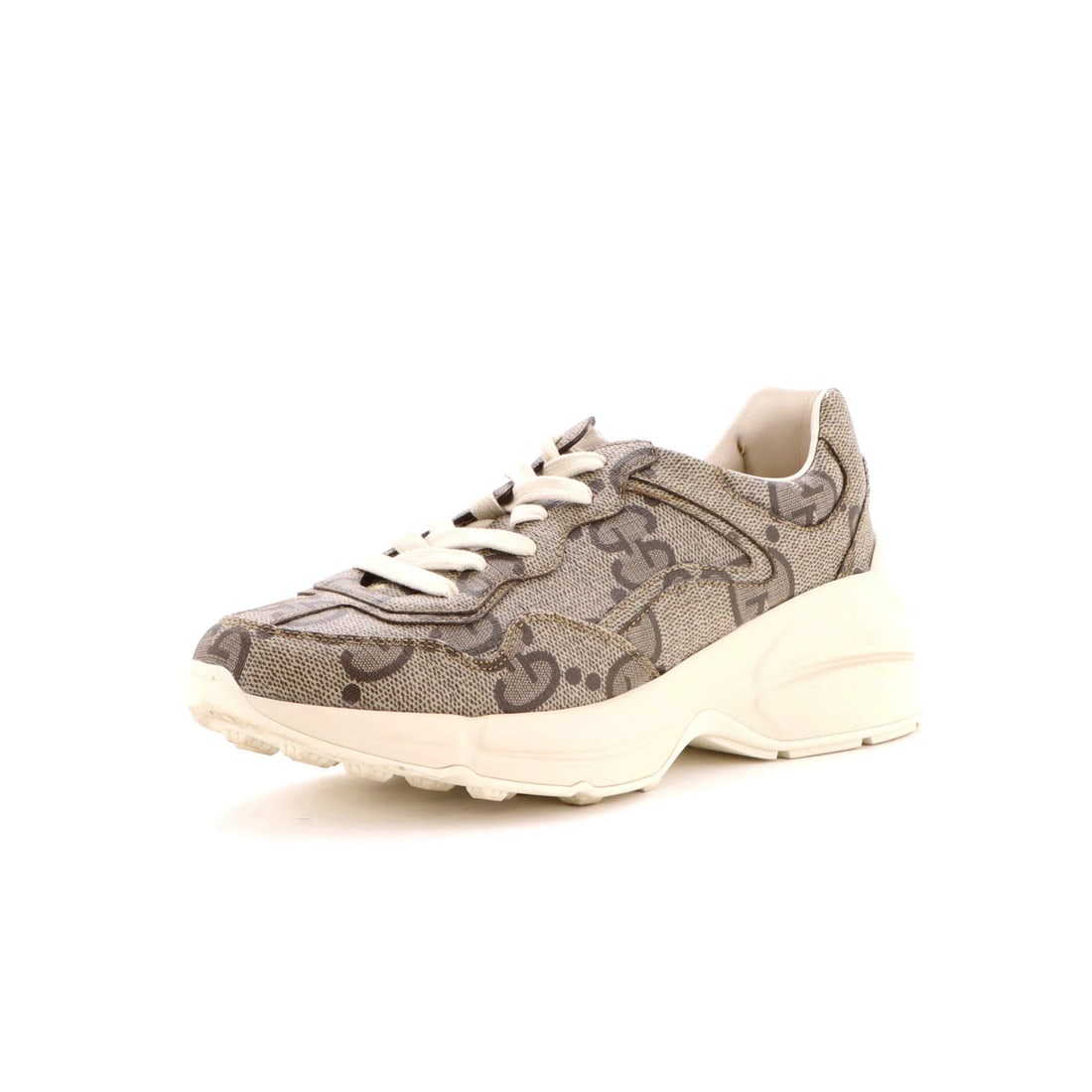 Gucci Rhyton Jumbo Sneakers in GG Coated Canvas: Gucci Rhyton Jumbo Sneakers in GG Coated Canvas Get ready to elevate your sneaker game with the iconic Gucci Rhyton Jumbo Sneakers in rich brown GG Coated Canvas. These statement-making kicks boast a