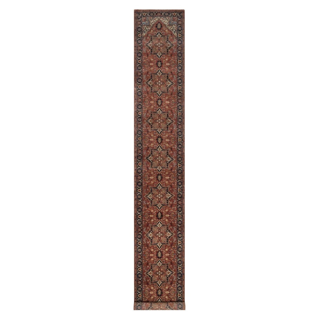 Rug 2'7"x18' Red Antiqued Fine Heris Re-Creation Hand Knotted Wool Runner: Rug 2'7"x18' Red Antiqued Fine Heris Re-Creation Hand Knotted Wool Runner Experience the rich heritage of India with this stunning, hand-knotted wool runner, meticulously recreated in the traditional