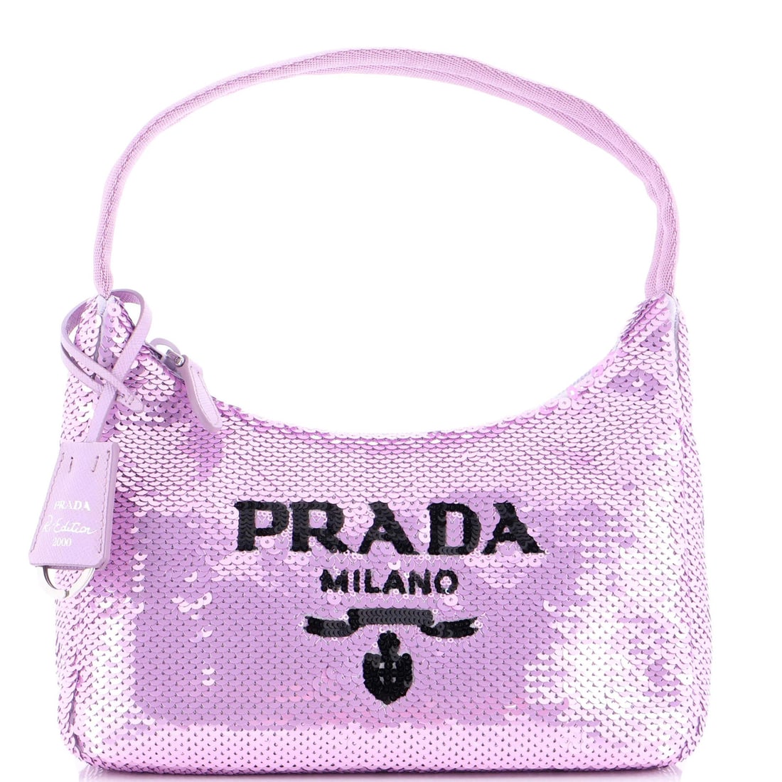 Mini Prada Re-Edition 2000 Hobo Sequins: Mini Prada Re-Edition 2000 Hobo Sequins Experience the iconic style of Prada's 2000 Hobo Sequins Mini, re-released in a vibrant purple hue that shines with sequin embellishments. This miniature versio