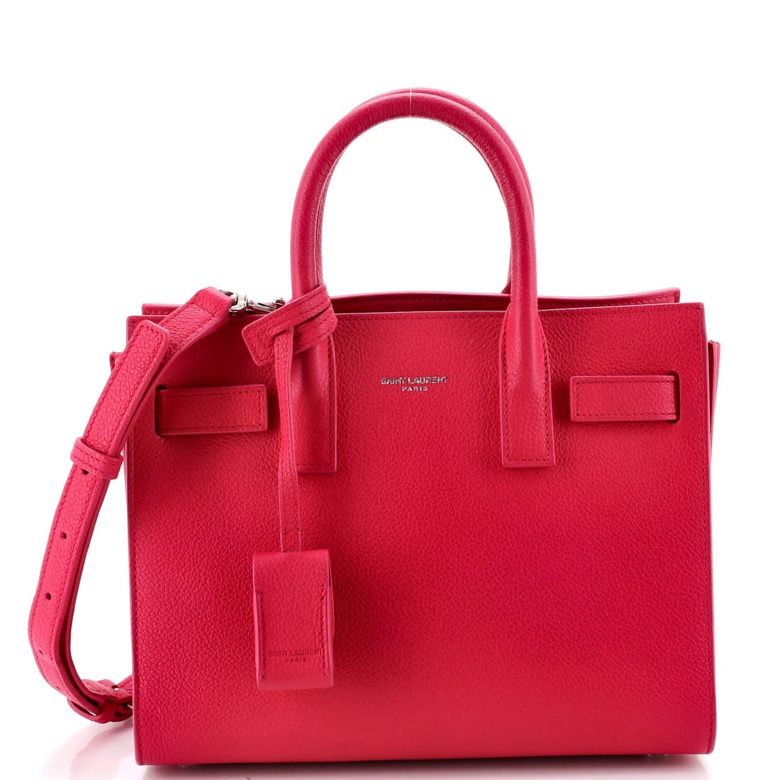 Saint Laurent Sac de Jour Nano Leather Bag (NM): Saint Laurent Sac de Jour Nano Leather Bag (NM) The Saint Laurent Sac de Jour Nano Leather Bag is a stylish and sleek tote that exudes effortless chic. With its signature pink leather exterior, silver