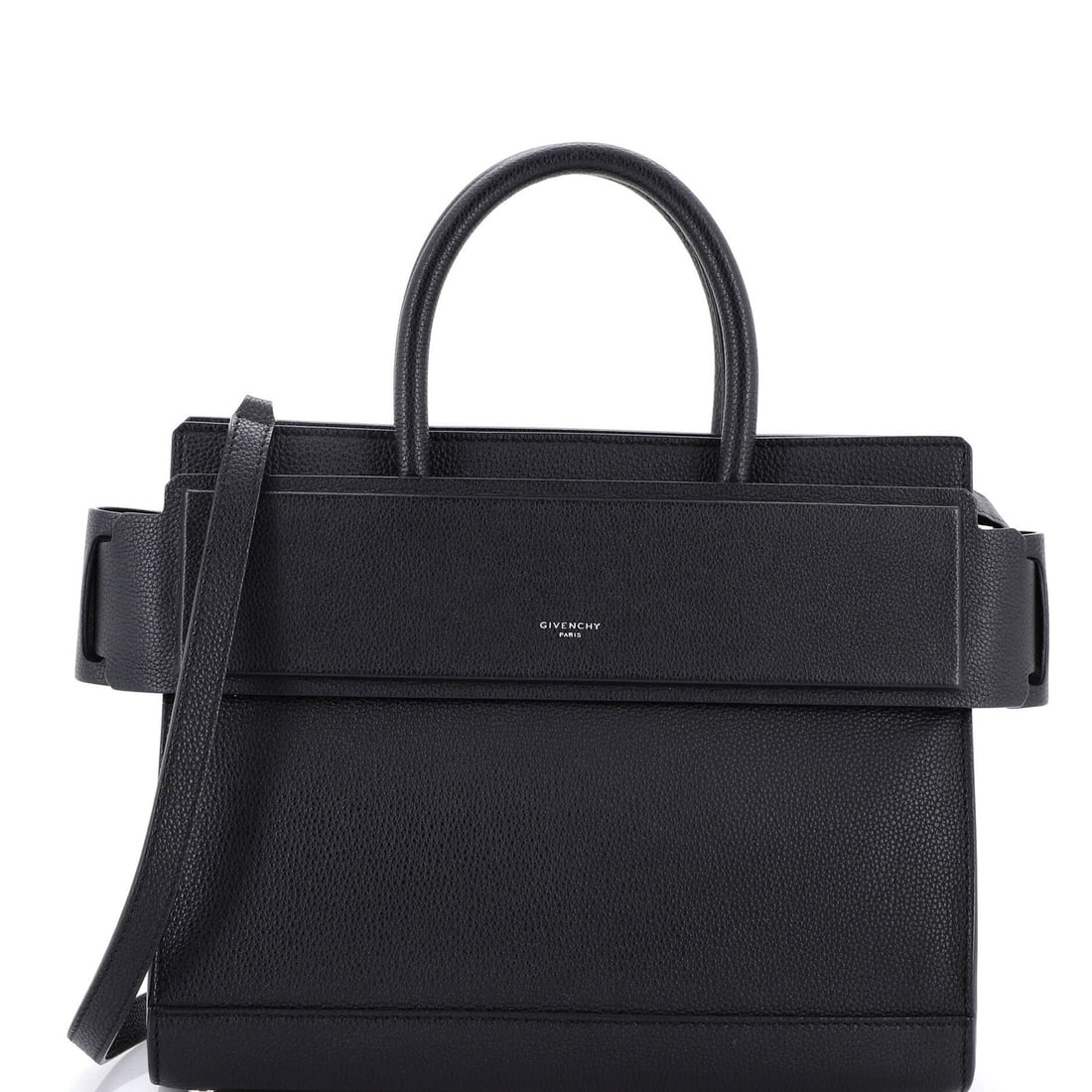 Givenchy Small Leather Horizon Satchel: Givenchy Small Leather Horizon Satchel The Givenchy Small Leather Horizon Satchel is a sleek and sophisticated tote, boasting premium black leather exterior with subtle minor scuffs and creases that o