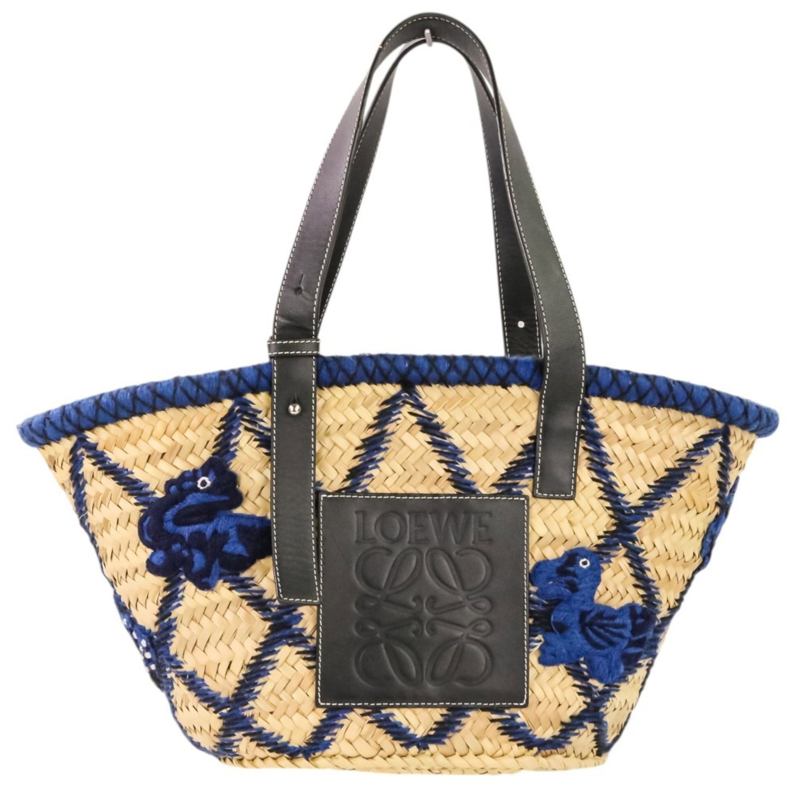 Leather Loewe Tote Basket: Leather Loewe Tote Basket A pre-owned blue leather Loewe tote basket in excellent condition, boasting the iconic brand's signature style with a few subtle signs of wear that add to its charm. The rich