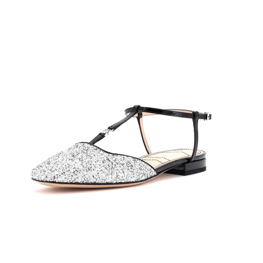 Gucci Women's GG Slingback Flats with Glitter and Patent: Gucci Women's GG Slingback Flats with Glitter and Patent Elevate your shoe game with these stunning Gucci Women's GG Slingback Flats, boasting metallic glitter and patent details that add a touch of l