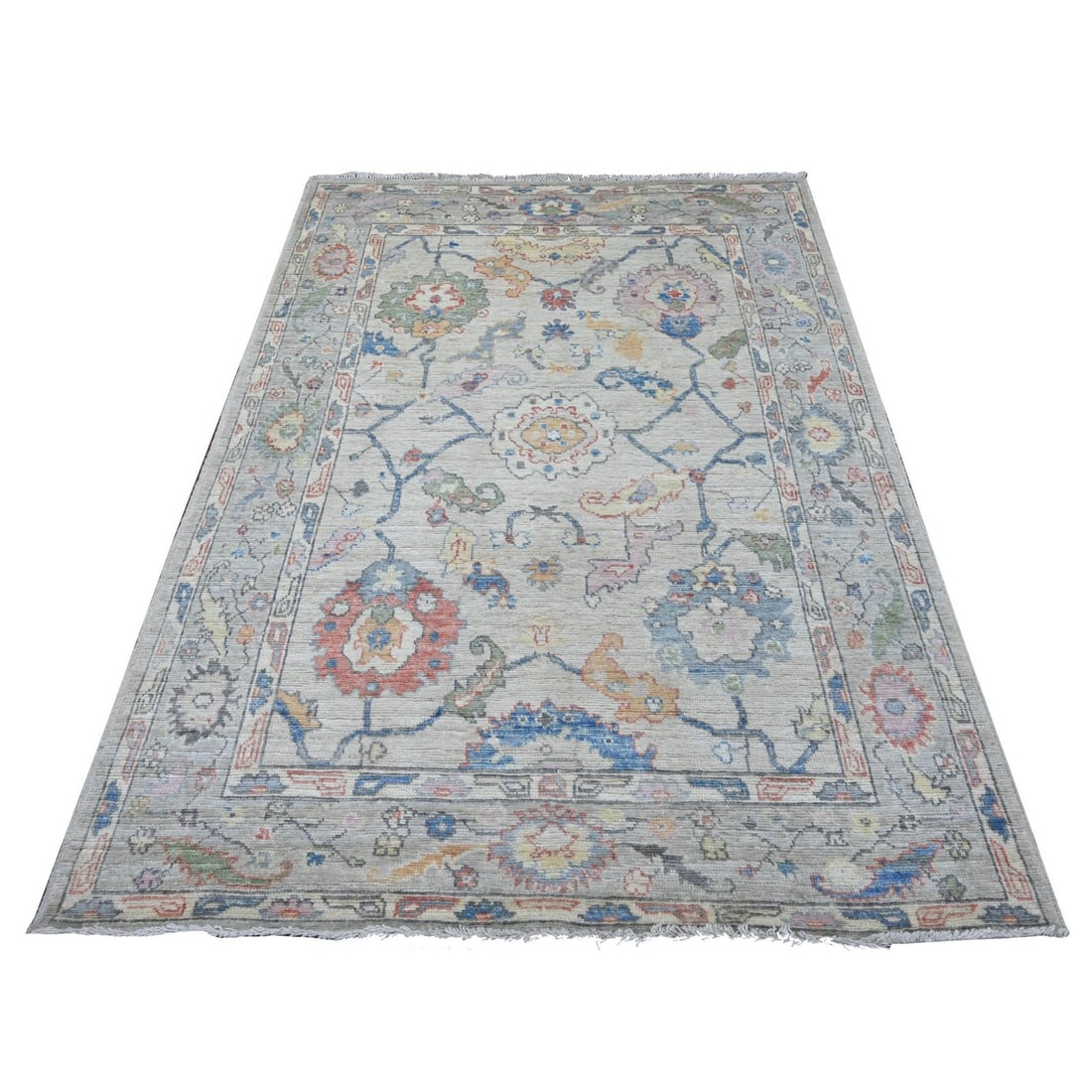Rug 5'x6'10" Misty Gray Afghan Angora Oushak Leaf Design Hand Knotted Wool: Rug 5'x6'10" Misty Gray Afghan Angora Oushak Leaf Design Hand Knotted Wool Experience the rich beauty of Afghan craftsmanship with this stunning hand-knotted Oushak rug, featuring an intricate floral
