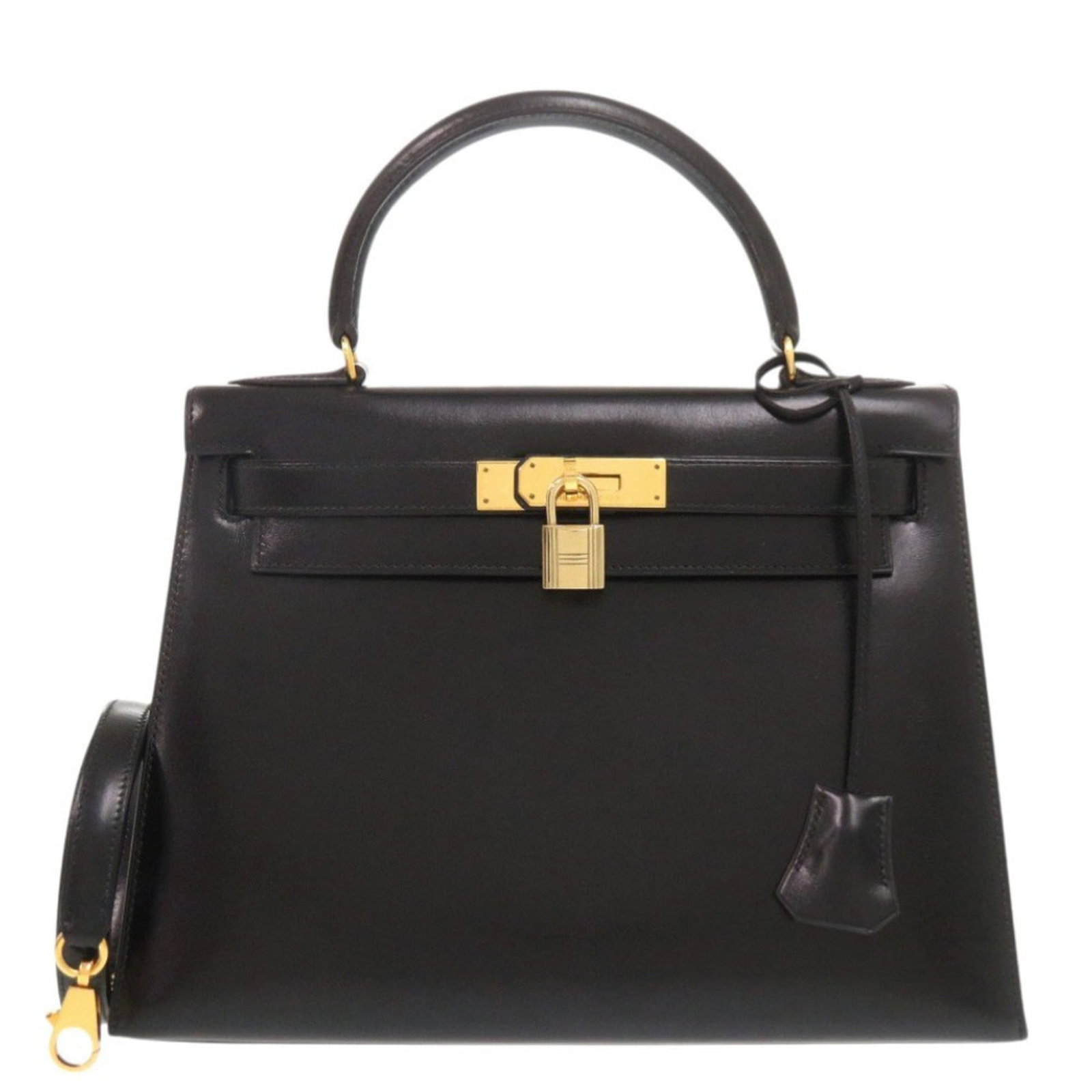 Calf Leather Hermes Handbag Box: Calf Leather Hermes Handbag Box A rare opportunity to own a pre-owned Hermes handbag, this beautiful box calf leather bag boasts sleek black design and premium quality construction. With its classic s