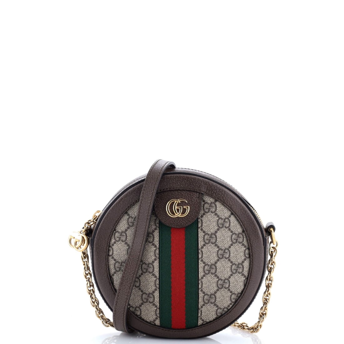 Gucci Ophidia Round Shoulder Bag in Mini GG Coated Canvas: Gucci Ophidia Round Shoulder Bag in Mini GG Coated Canvas The Gucci Ophidia Round Shoulder Bag is a chic and versatile mini cross-body bag, boasting a rich brown GG Coated Canvas exterior that exudes
