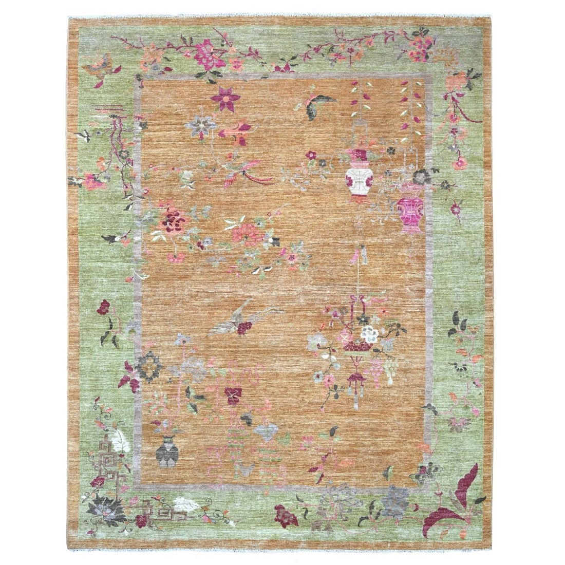 Rug 8'x9'10" Brown Hand Knotted Chinese Art Deco Inspired Peshawar Wool: Rug 8'x9'10" Brown Hand Knotted Chinese Art Deco Inspired Peshawar Wool Experience the rich heritage of Afghanistan with this stunning 8'x9'10" Brown Hand Knotted Peshawar Wool Rug, boasting intricate