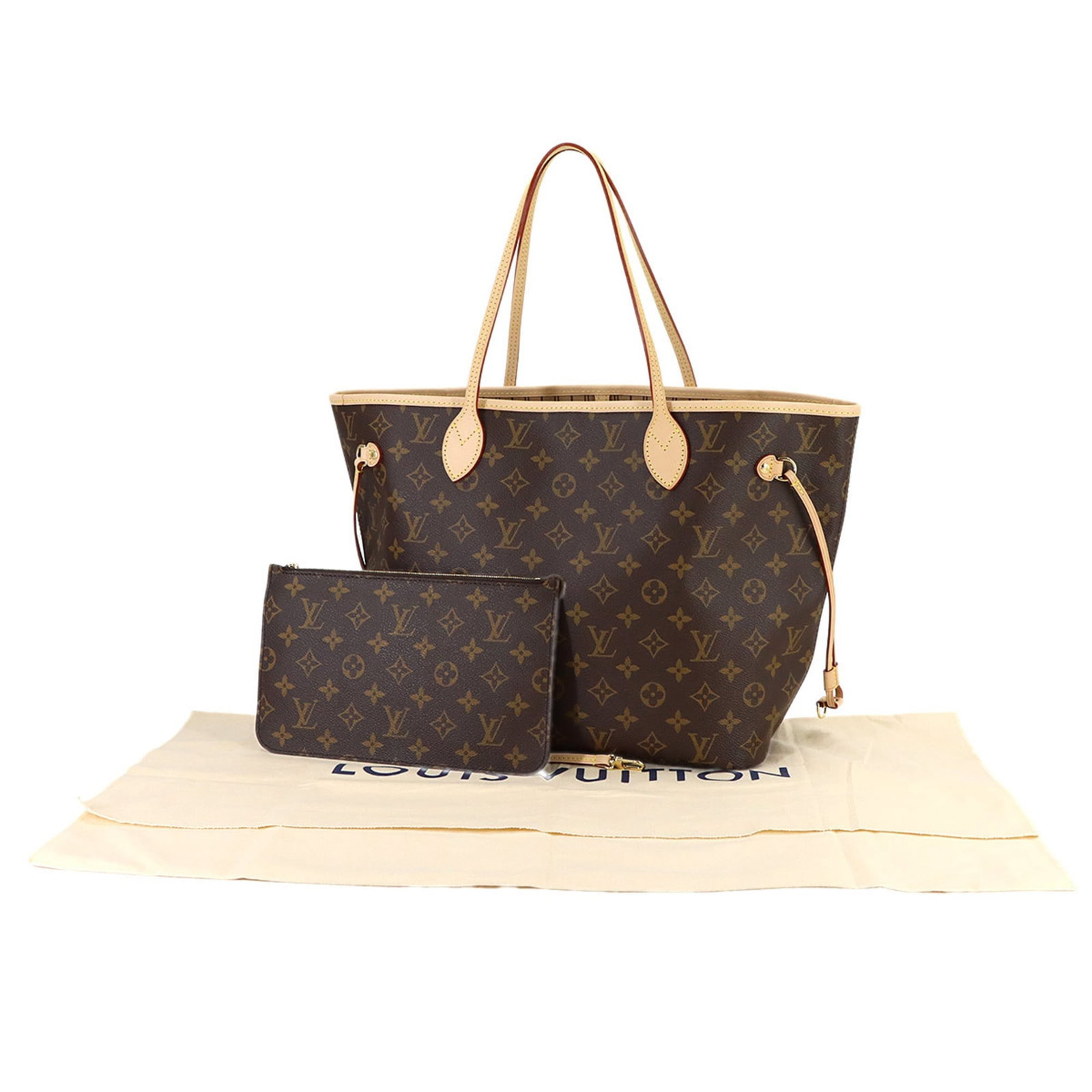 Louis Vuitton Monogram Tote Bag: Louis Vuitton Monogram Tote Bag Experience the timeless elegance of Louis Vuitton with this stunning Monogram Tote Bag, boasting the iconic interlocking LV monogram in rich beige and brown hues. In mi