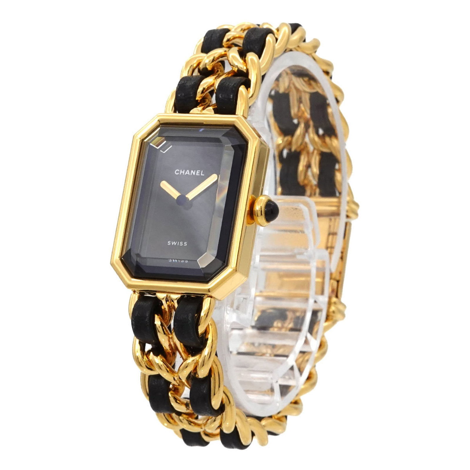 Wristwatch Chanel: Wristwatch Chanel A stunning gold-plated Chanel wristwatch, boasting sleek black dial and elegant leather strap, is up for grabs. Its 20mm case diameter and adjustable stainless steel band ensure a co