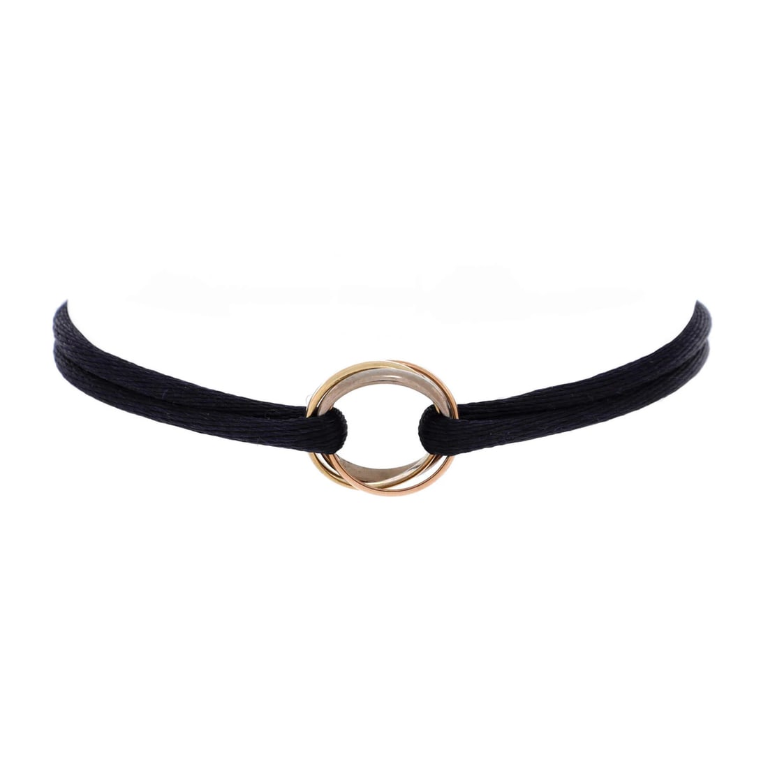Cartier Trinity on Cord Bracelet in 18k Tricolor Gold: Cartier Trinity on Cord Bracelet in 18k Tricolor Gold The Cartier Trinity on Cord bracelet is a stunning example of the brand's iconic design, showcasing 18k tricolor gold in a sleek silk cord setting