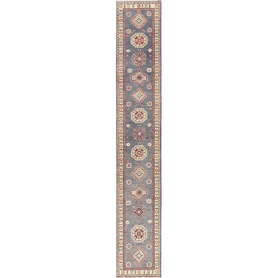 Gray Geometric Hand-Knotted Wool Kazak Rug (2'9"x18'7"): Gray Geometric Hand-Knotted Wool Kazak Rug (2'9"x18'7") Experience the timeless beauty of traditional Afghan craftsmanship with this stunning Gray Geometric Hand-Knotted Wool Kazak Rug, expertly woven
