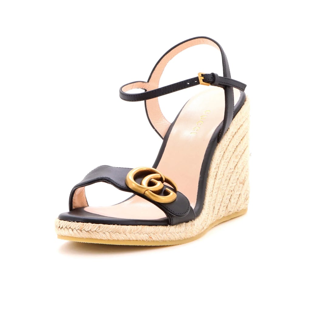 Leather Gucci Women's Aitana Wedge Espadrilles: Leather Gucci Women's Aitana Wedge Espadrilles Elevate your summer style with the Gucci Aitana Wedge Espadrilles, boasting sleek black leather and neutral jute accents that add a touch of effortless c