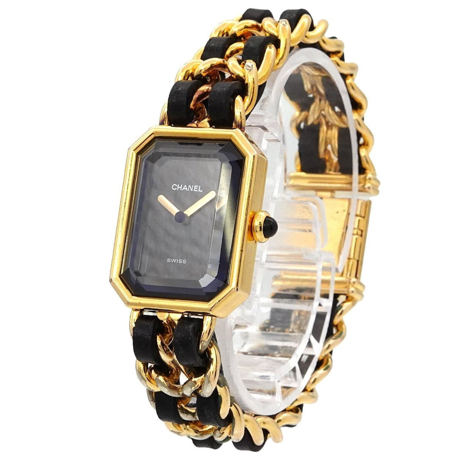 Wristwatch Chanel: Wristwatch Chanel A stunning gold-plated Chanel wristwatch, boasting sleek black dial and elegant leather strap, is up for grabs. Its 20mm case diameter and adjustable stainless steel band ensure a co