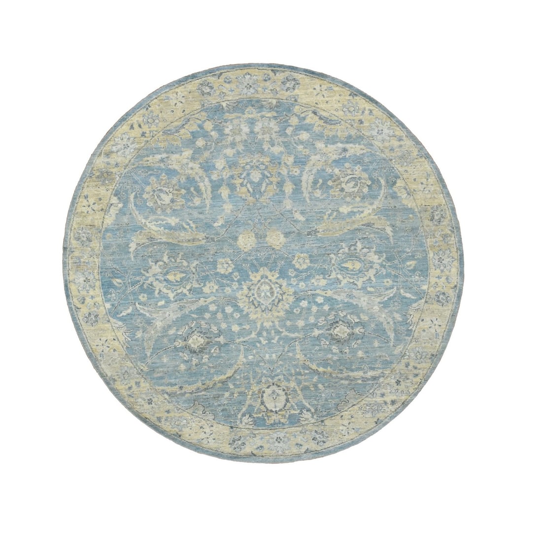 Round 6'x6' Blue Antiqued Zeigler Mahal with Zero Pile Hand Knotted Wool: Round 6'x6' Blue Antiqued Zeigler Mahal with Zero Pile Hand Knotted Wool Experience the timeless elegance of an antique Indian Oushak-style rug, expertly hand-knotted in soft blue wool and adorned wit
