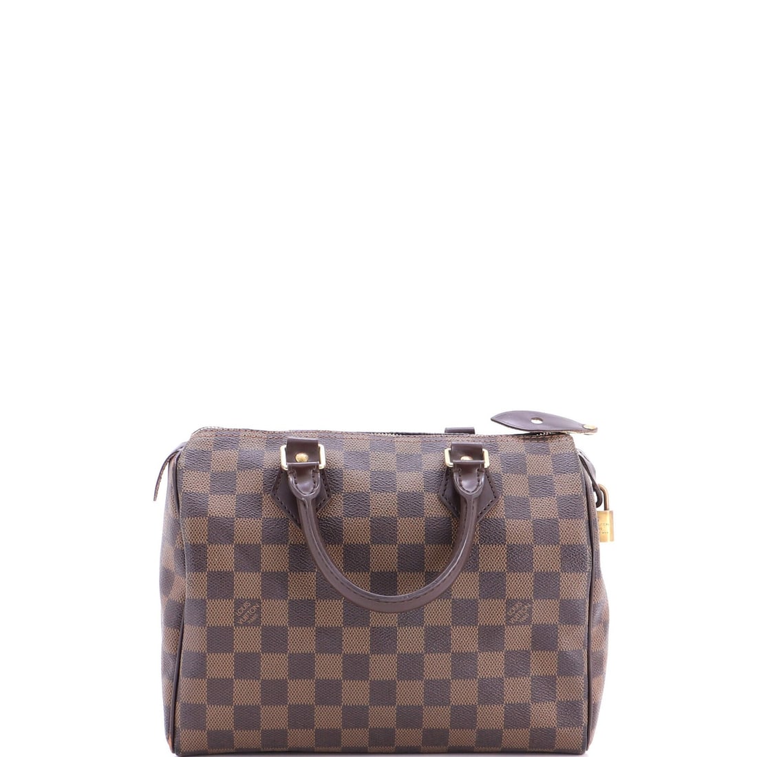 Louis Vuitton Speedy Handbag in Damier 25: Louis Vuitton Speedy Handbag in Damier 25 The iconic Louis Vuitton Speedy Handbag in Damier 25 is a timeless classic, boasting its signature canvas-coated exterior and top handle design. With its rich
