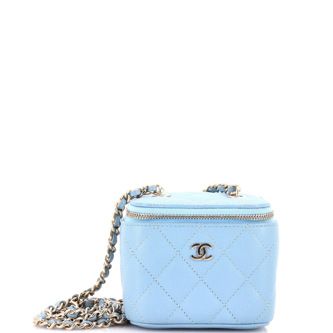 Chanel Caviar Mini Quilted Chain Vanity Case: Chanel Caviar Mini Quilted Chain Vanity Case The Chanel Caviar Mini Quilted Chain Vanity Case is a chic and compact cosmetic case that exudes luxury. With its quilted chain design, blue leather exteri