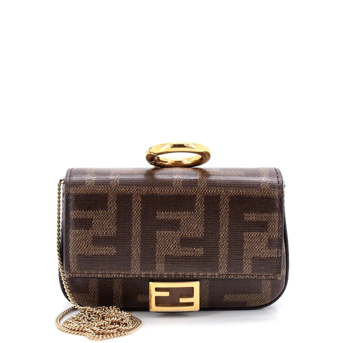 Fendi Nano Zucca Coated Canvas Chain Baguette Charm: Fendi Nano Zucca Coated Canvas Chain Baguette Charm Elevate your everyday style with the iconic Fendi Nano Zucca Coated Canvas Chain Baguette Charm, boasting a sleek brown canvas exterior and luxuriou