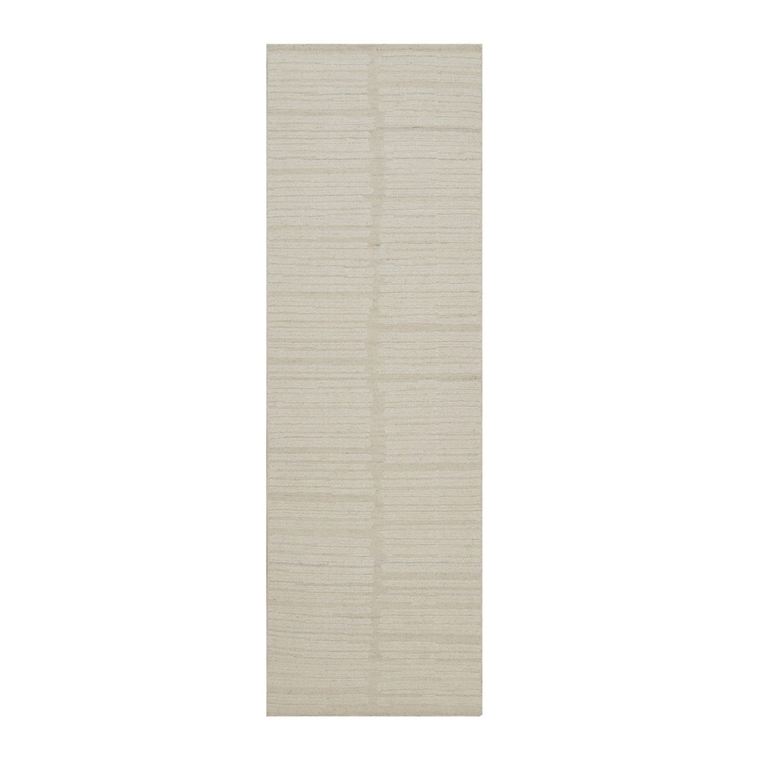 Rug 2'6"x8' Ivory Natural Wool Modern Piled Flat Weave Hand Knotted Runner: Rug 2'6"x8' Ivory Natural Wool Modern Piled Flat Weave Hand Knotted Runner Experience the timeless elegance of India's rich cultural heritage with this exquisite ivory natural wool hand-knotted runner