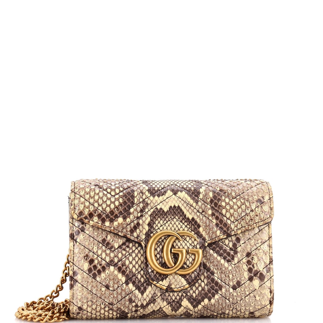 Gucci GG Marmont Chain Wallet in Matelasse Python: Gucci GG Marmont Chain Wallet in Matelasse Python Experience the epitome of luxury with the Gucci GG Marmont Chain Wallet in Matelasse Python, boasting sleek chain details and rich brown python exteri