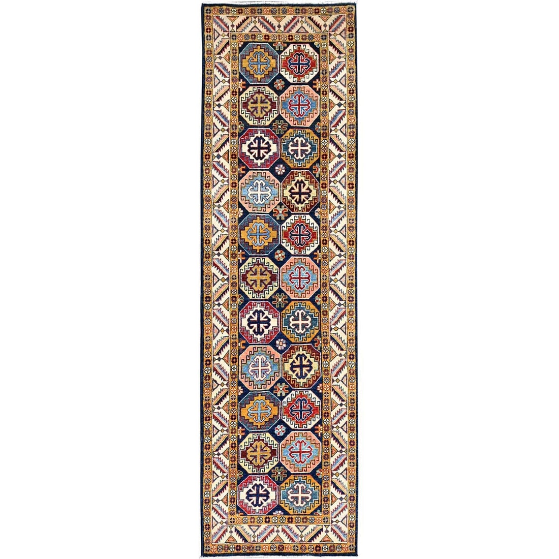 Rug 2'7"x9'6" Blue Afghan Special Kazak Hand Knotted Wool Wide Runner: Rug 2'7"x9'6" Blue Afghan Special Kazak Hand Knotted Wool Wide Runner Experience the rich beauty of traditional Afghan craftsmanship with this stunning blue Kazak hand-knotted wool runner, measuring 9