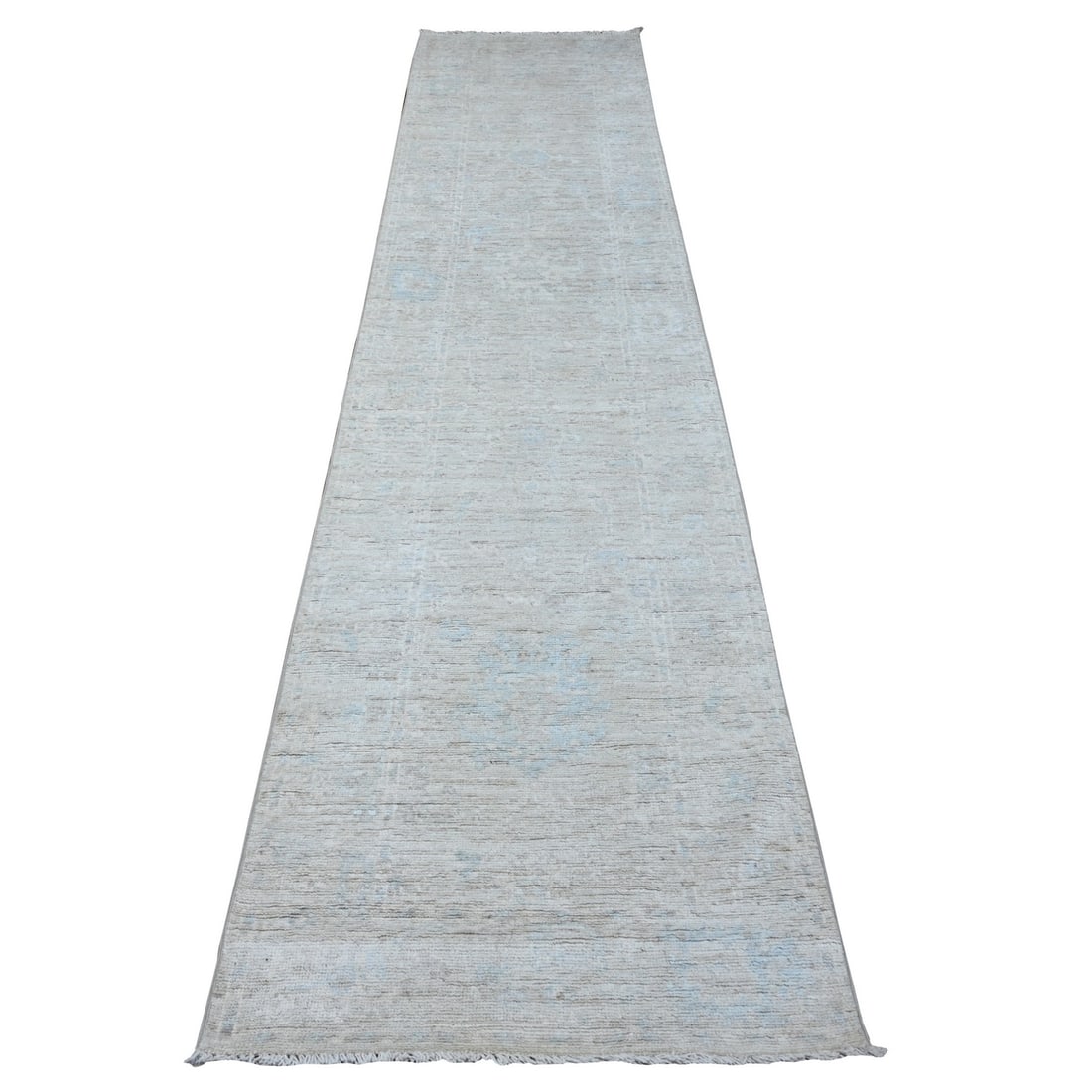 Rug 2'9"x12'1" Goose Gray Wool Weft Afghan Angora Oushak Runner Oriental: Rug 2'9"x12'1" Goose Gray Wool Weft Afghan Angora Oushak Runner Oriental Experience the warmth and texture of 100% wool, woven into a stunning grey Oushak runner that adds depth to any room. With its