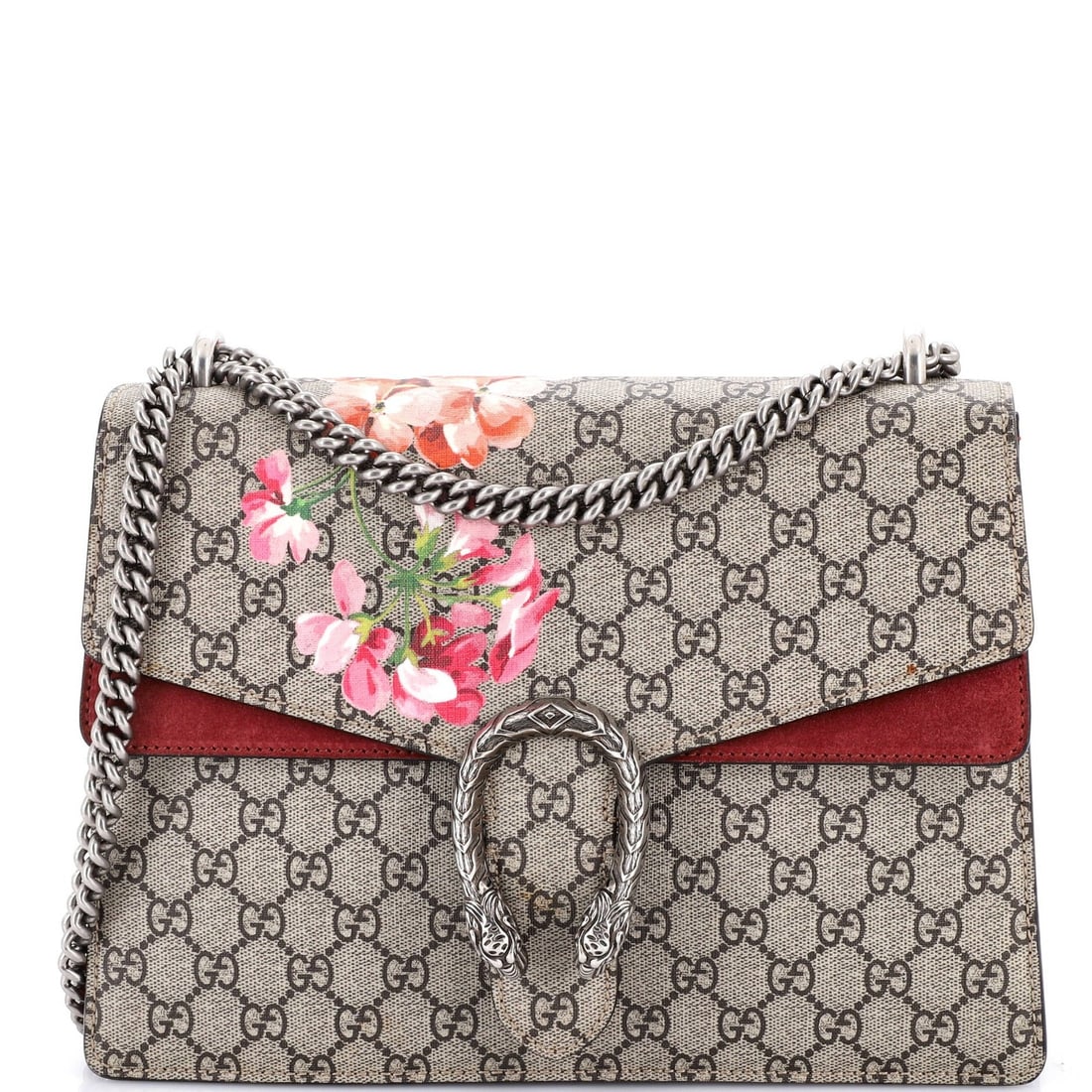 Gucci Dionysus Bag in Medium with Blooms Print GG Coated Canvas: Gucci Dionysus Bag in Medium with Blooms Print GG Coated Canvas The Gucci Dionysus Bag in Medium is a stunning statement piece, boasting a bold Blooms Print GG Coated Canvas exterior that adds a touch