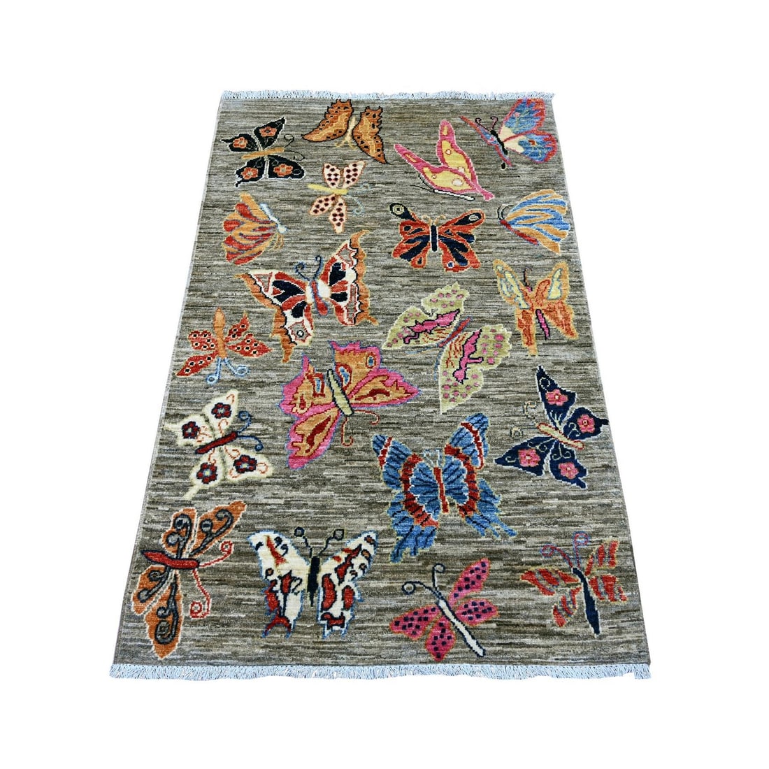 Rug 3'2"x5' Fossil Gray Peshawar Butterfly Design Soft Wool Hand Knotted: Rug 3'2"x5' Fossil Gray Peshawar Butterfly Design Soft Wool Hand Knotted Experience the timeless elegance of Afghanistan's rich cultural heritage with this stunning Fossil Gray Peshawar Butterfly Desi