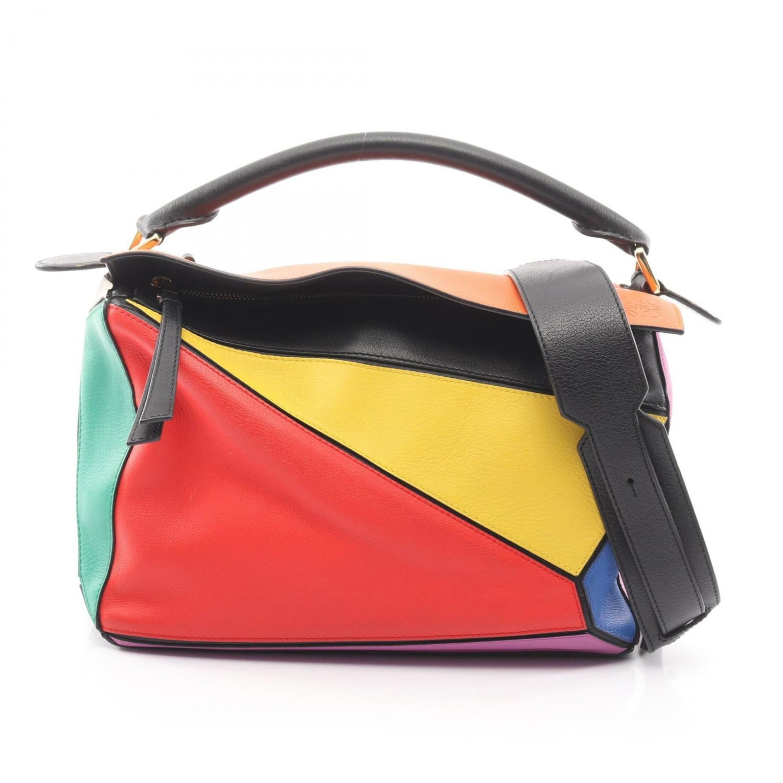 Loewe Leather Handbag: Loewe Leather Handbag A vibrant, multi-colored Loewe leather handbag in excellent condition, with a rich patina that hints at its storied past. The bag's classic design and premium materials make it a