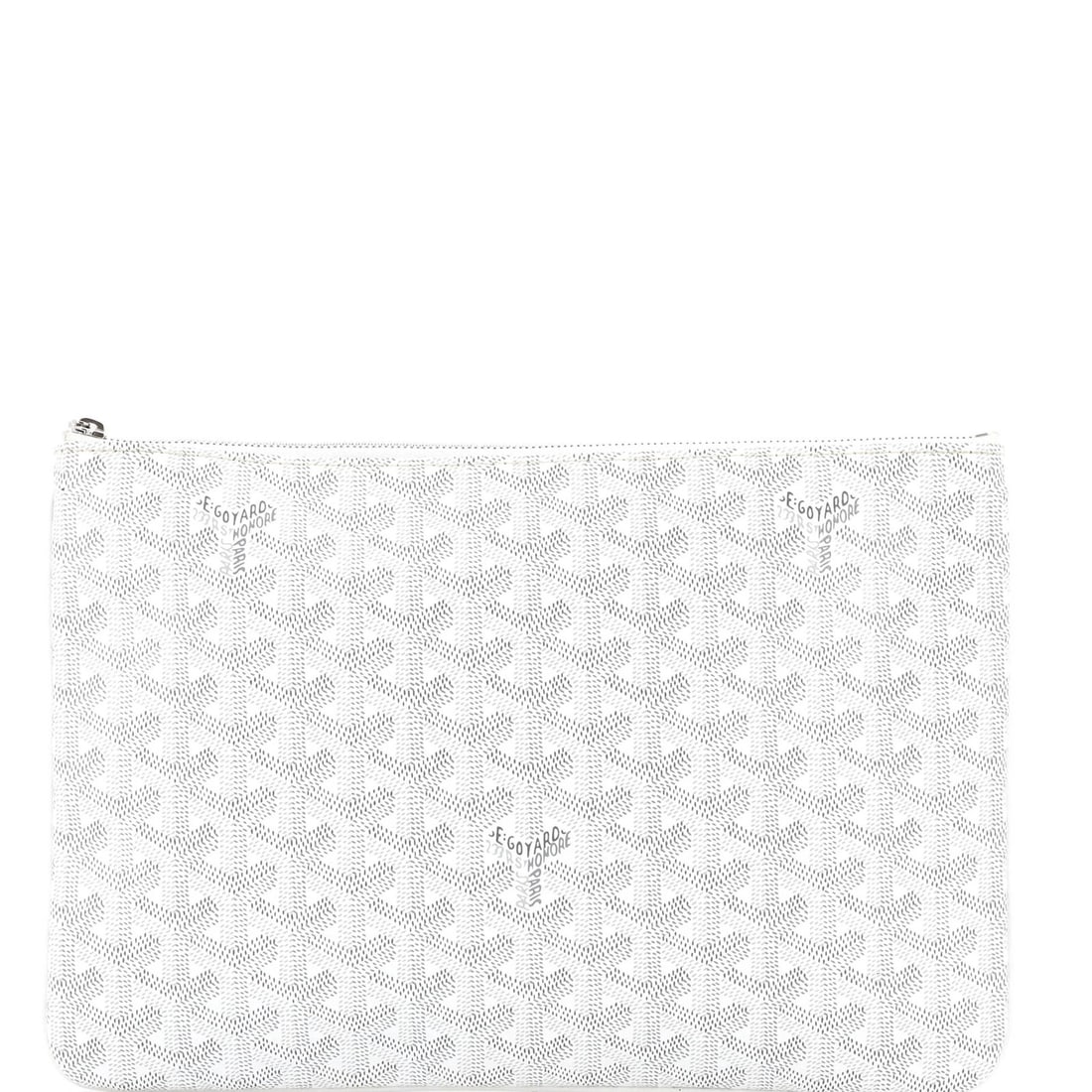 Goyard Senat Zip Pouch in Coated Canvas MM: Goyard Senat Zip Pouch in Coated Canvas MM A classic Goyard Senat Zip Pouch in pristine condition, this coated canvas MM is perfect for everyday carry with its sleek white exterior and vibrant orange