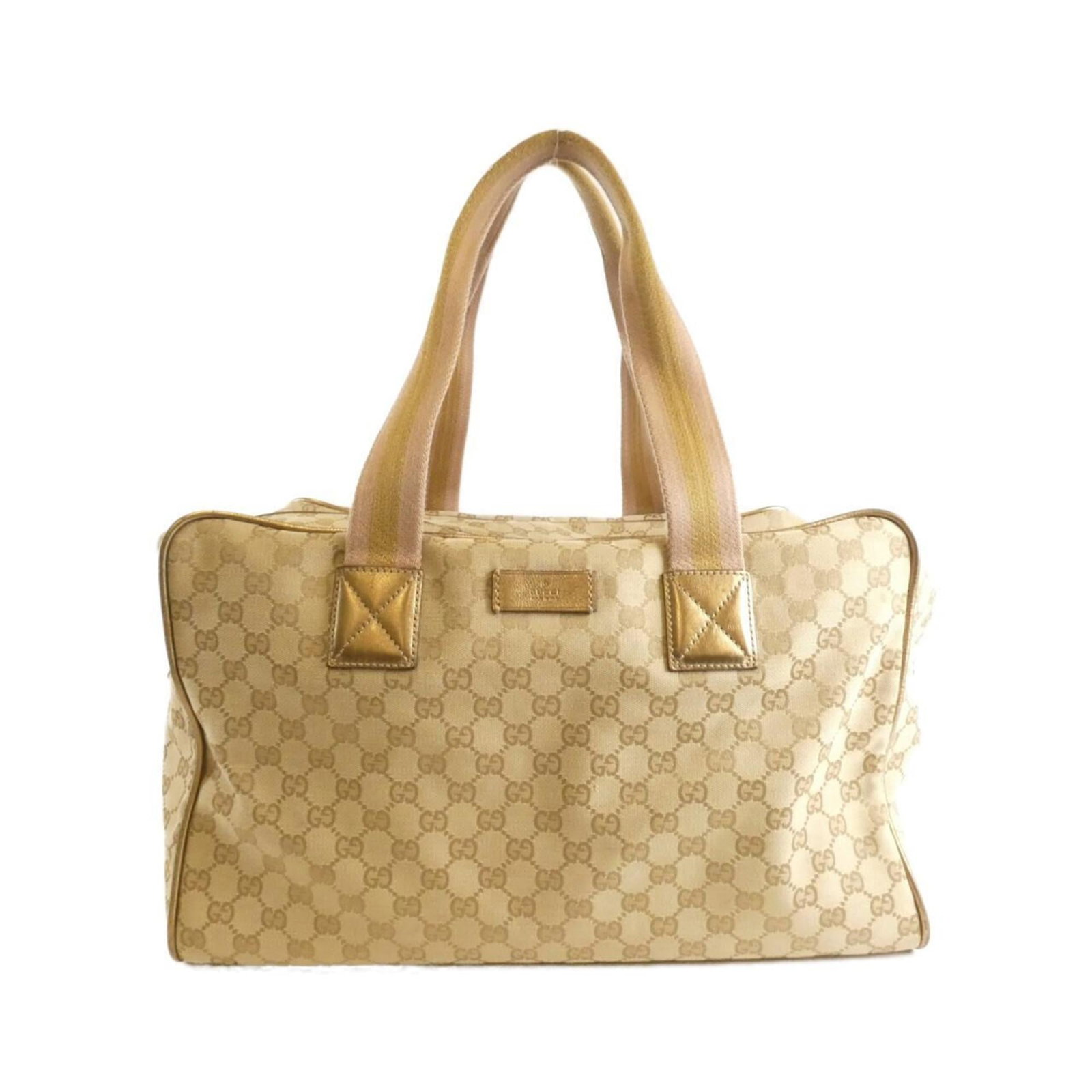 Canvas Gucci Boston Bag Gg: Canvas Gucci Boston Bag Gg A pre-owned Gucci Boston Bag in exquisite beige and gold, boasting the iconic GG canvas pattern, is up for grabs. This stylish tote measures 25cm x 42cm x 13cm and weighs 69