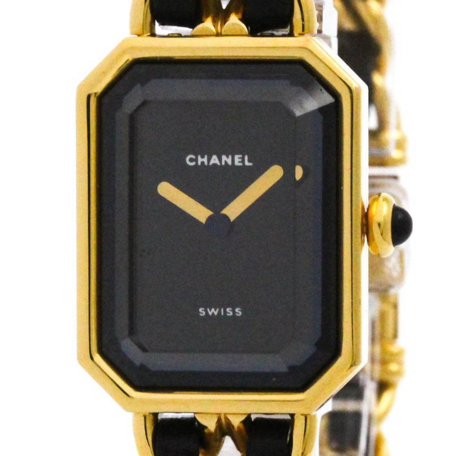 Wristwatch Chanel: Wristwatch Chanel A luxurious Chanel gold plated wristwatch, perfect for dressing up any formal occasion, boasts a sleek 20mm case and elegant black dial. With its high-quality leather strap, this sty