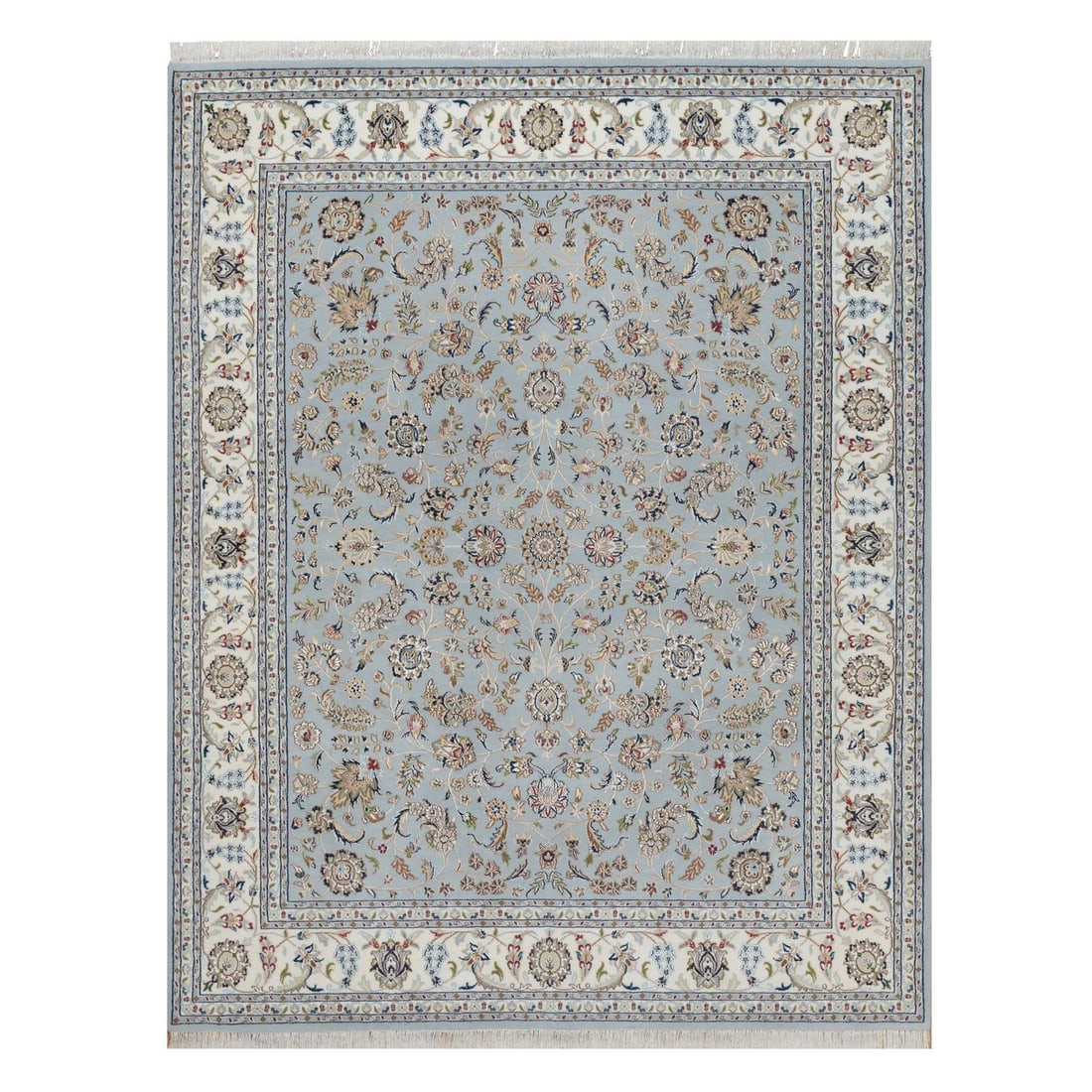 Slate Blue Nain Flower Design Wool & Silk Hand-Knotted 8'2"x10'5" Rug: Slate Blue Nain Flower Design Wool & Silk Hand-Knotted 8'2"x10'5" Rug Experience the timeless elegance of India's rich cultural heritage with this stunning Slate Blue Nain Flower Design Wool & Silk Ha