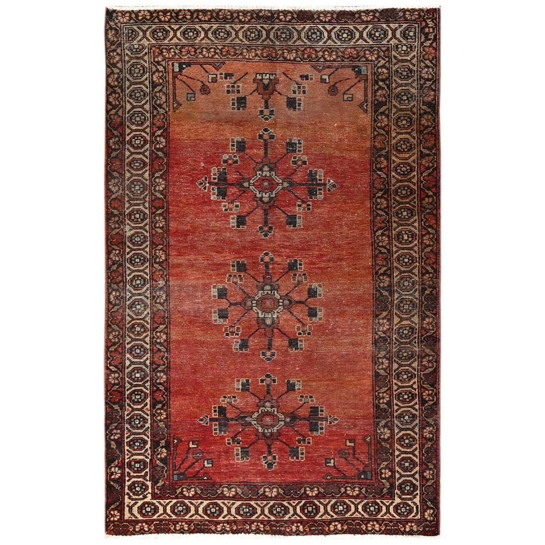Wool 4'x6'4" Orange Vintage Zoroastrian Balooch Flower Design Hand Knotted: Wool 4'x6'4" Orange Vintage Zoroastrian Balooch Flower Design Hand Knotted Add a pop of vibrant orange to your home with this stunning, hand-knotted wool rug from India. Featuring an intricate Balooch