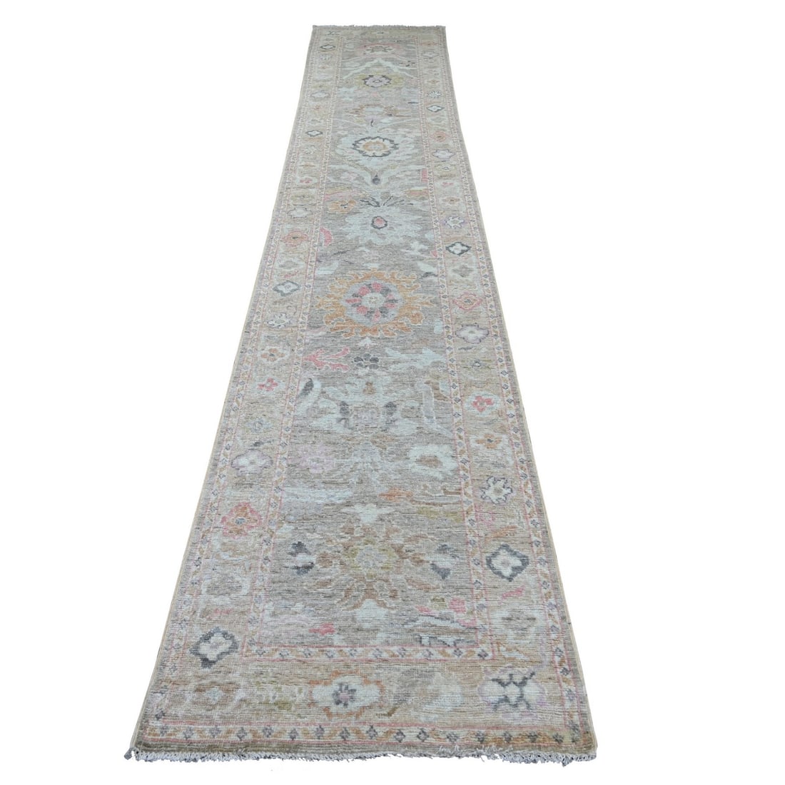 Faded Brown Angora Oushak Hand-Knotted Wool Runner - 2'8"x15'2: Faded Brown Angora Oushak Hand-Knotted Wool Runner - 2'8"x15'2 Experience the rich beauty of traditional Afghan craftsmanship with this stunning Faded Brown Angora Oushak Hand-Knotted Wool Runner, mea